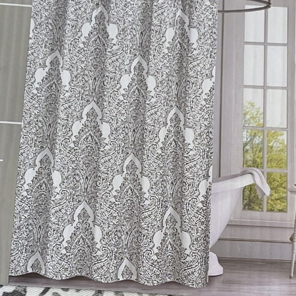 New Indigo Loft Paisley Medallion Flower Shower Curtain White Gray Cotton Blend - Picture 6 of 8